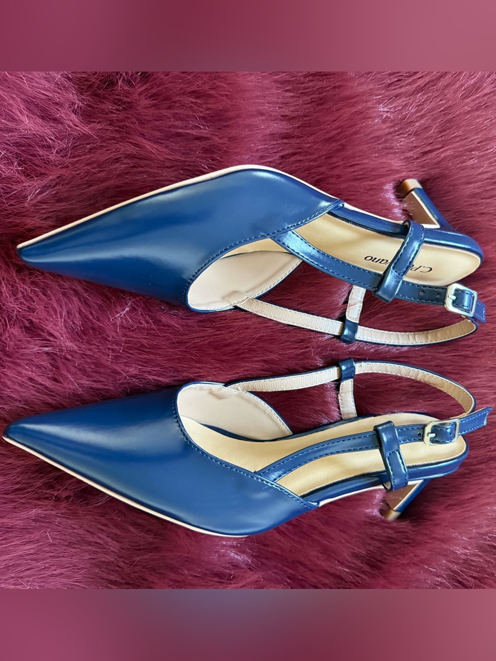C. Paravano Navy Pointed Toe Slingback Pumps Kitten Heels Size 36 NWOB. - Picture 4 of 10